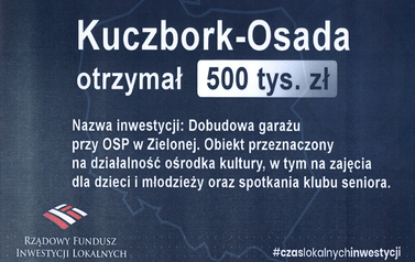 Kuczbork-Osada otrezymał 500 tys. zł dobudowa garażu przy OSP w Zielonej.