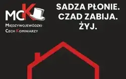 Grafika ma formę oficjalnego, pionowego plakatu o ciemnym tle, który służy kampanii społecznej dotyczącej bezpieczeństwa przeciwpożarowego i zagrożeń związanych z czadem.