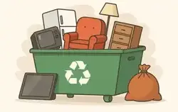 Na ilustracji widać duży zielony pojemnik na odpady z symbolem recyklingu, wypełniony odpadami wielkogabarytowymi: starym fotelem, lodówką, lampą, komodą oraz sprzętem RTV.