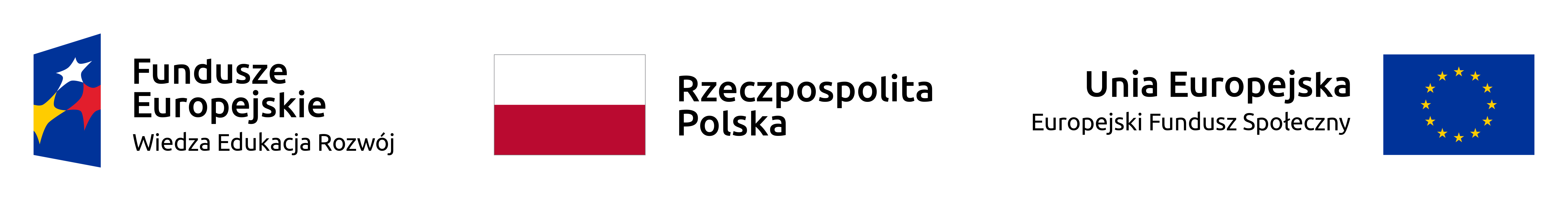 Banner od lewej, niebieska flaga z trzema gwiuazdkamia w kolorach białym, żółtym i czerwonym, napis Fundeusze Europejskie, niżej Wiedza Edukacja Rozwój, śodek flaga Polski biało-czerwona (góra, dół) napis Rzeczpospolita Polska, napis Unia Europejska, niżej Europejski Fundusz Społeczny, fla UE na niebieskim tle 12 żółtych gwiazd ułożonych w okrąg