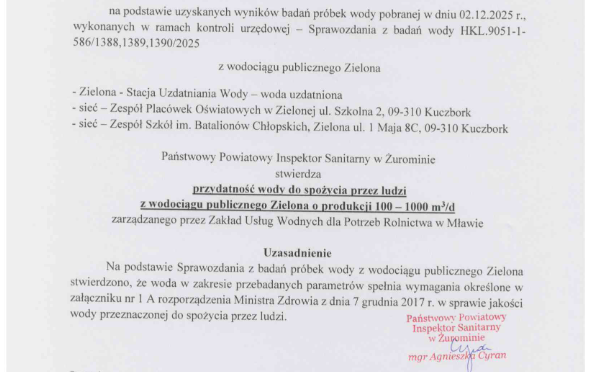 Zrzut ekranu przedstawia oficjalny dokument wydany przez Powiatową Stację Sanitarno-Epidemiologiczną w Żurominie. Dokument nosi nagłówek i numer referencyjny HK.903.5.11.2025 oraz tytuł 'OCENA JAKOŚCI WODY'.