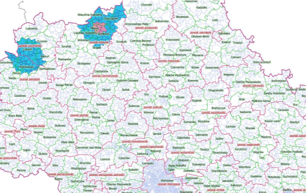 Mapa przedstawiająca zakres występowania zagrożenia ptasią grypą w województwie mazowieckim