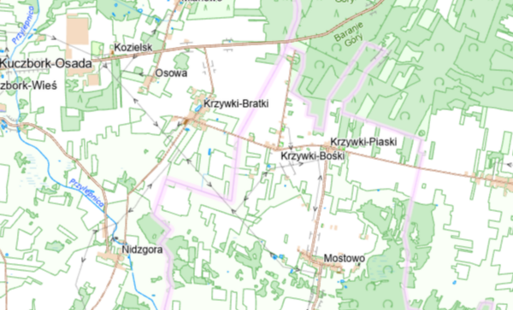 Mapa przedstawia obszar północno-wschodniej części województwa warmińsko-mazurskiego, koncentrując się na okolicach miejscowości Kuczbork-Osada oraz Kuczbork-Wieś. Widoczna jest sieć lokalnych dróg, rozproszona zabudowa wiejska oraz liczne tereny zielone 