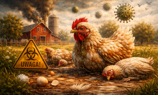 Realistyczna ilustracja przedstawia gospodarstwo wiejskie dotknięte chorobą drobiu. Na pierwszym planie widoczne są kury w złym stanie – osłabione, z opuszczonymi głowami, niektóre leżą nieruchomo na ziemi. Centralna postać to kura z wyraźnymi objawami ch
