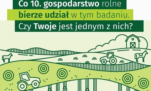 Grafika informacyjna Głównego Urzędu Statystycznego promująca badanie „Zintegrowane statystyki dotyczące gospodarstw rolnych”. Na ilustracji przedstawiono stylizowany krajobraz rolniczy z polami uprawnymi, ciągnikami, zwierzętami gospodarskimi oraz zabudo