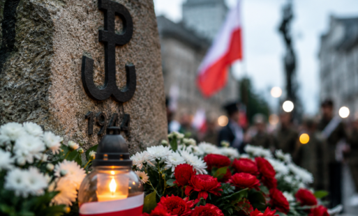 Realistyczna ilustracja przedstawiającą miejsce pamięci z symbolem Polski Walczącej, biało-czerwonymi kwiatami i zniczem, utrzymaną w spokojnym, refleksyjnym nastroju odpowiednim do upamiętnienia rocznicy Powstania Warszawskiego.
