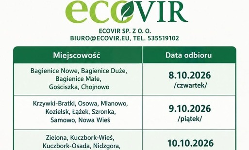 Treść artykułu zapisana w postaci plakatu odcieniach zieleni z tabelą podzieloną na daty i miejscowości.