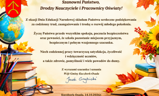 Plakat w tematyce jesiennje z życzeniami z okazji Dnia Edukajci Narodowej
