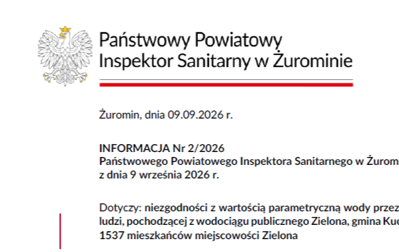 Zalecenie gotowania wody z wodociągu Zielona w gminie Kuczbork z powodu bakterii grupy coli